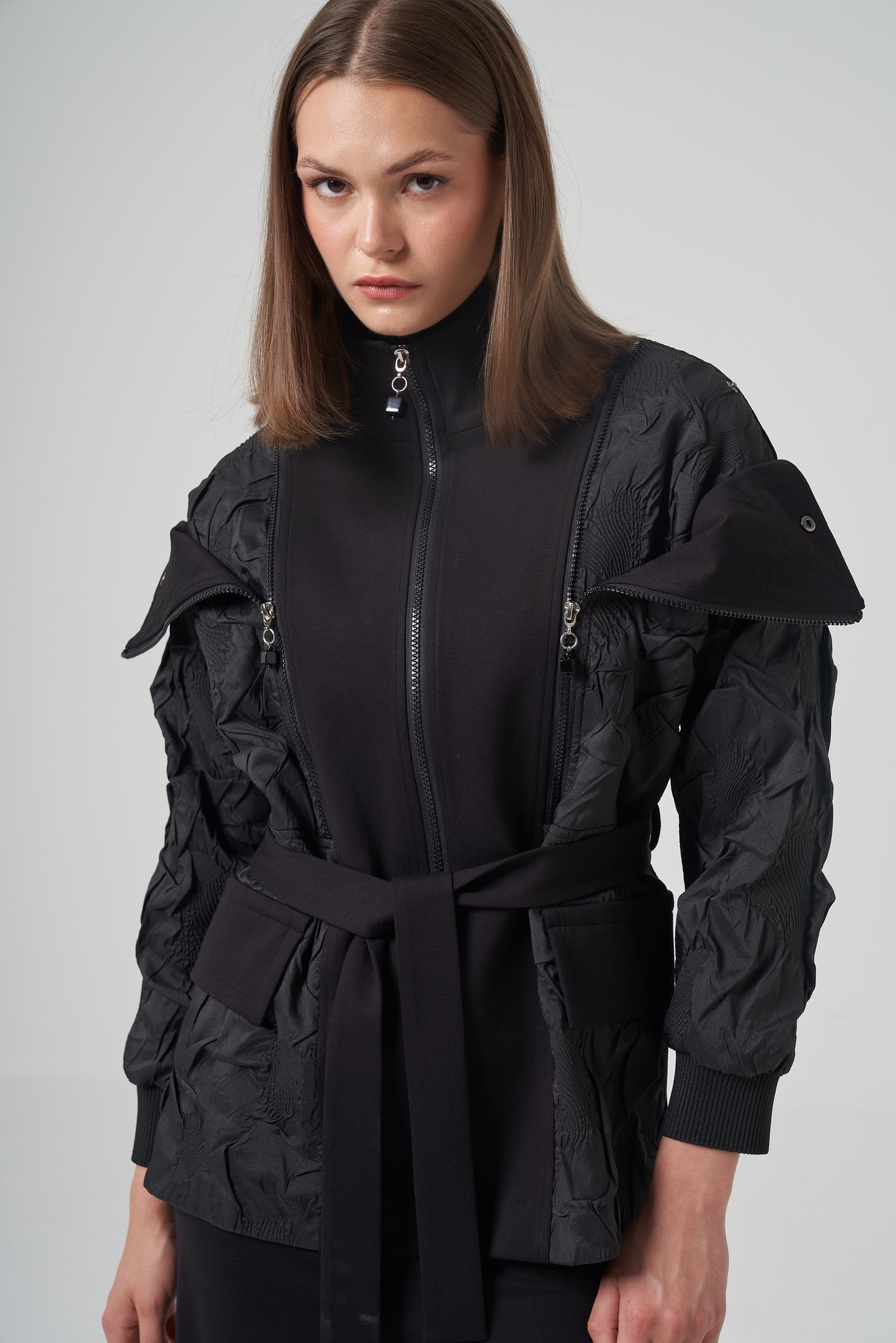 Mixed Texture Belted Jacket Set