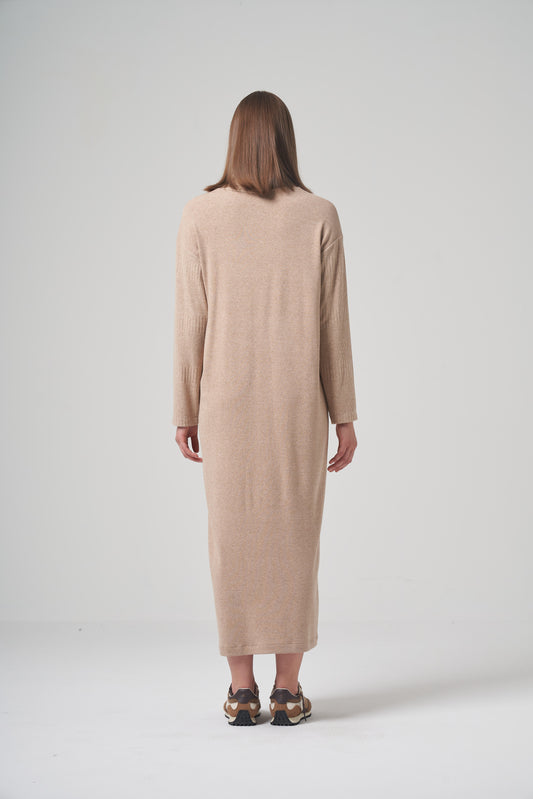 Camel Cowl-Neck Knit Dress