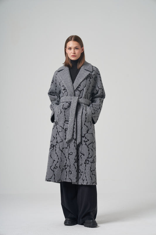 The Grey Graphic Belted Long Coat