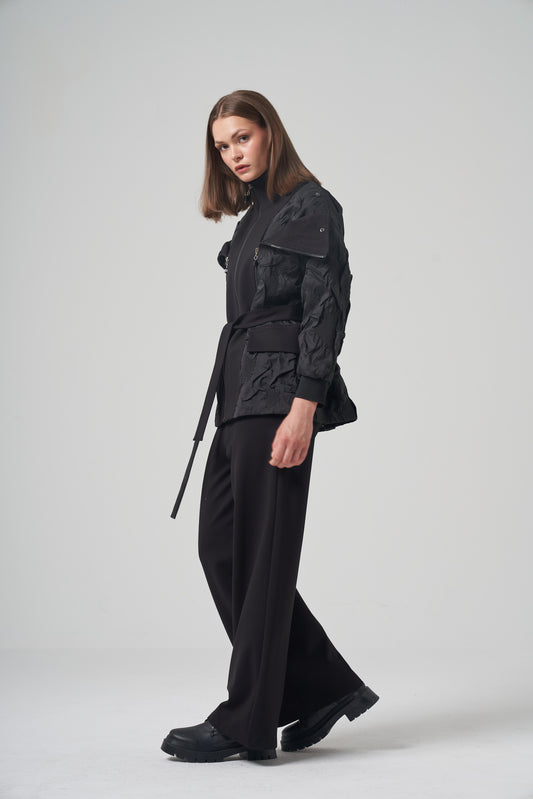 Mixed Texture Belted Jacket Set