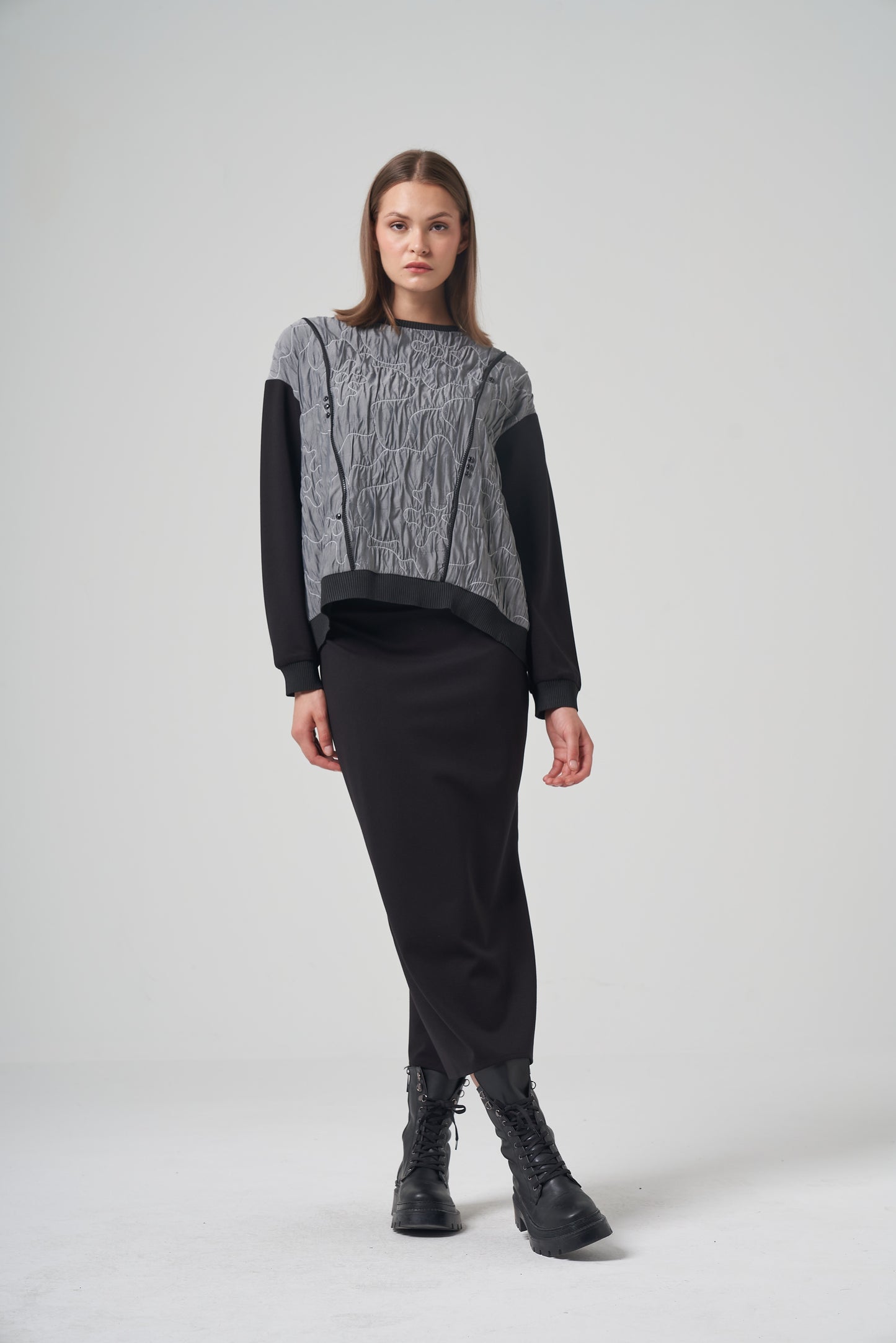 Grey & Black Panel Skirt Suit