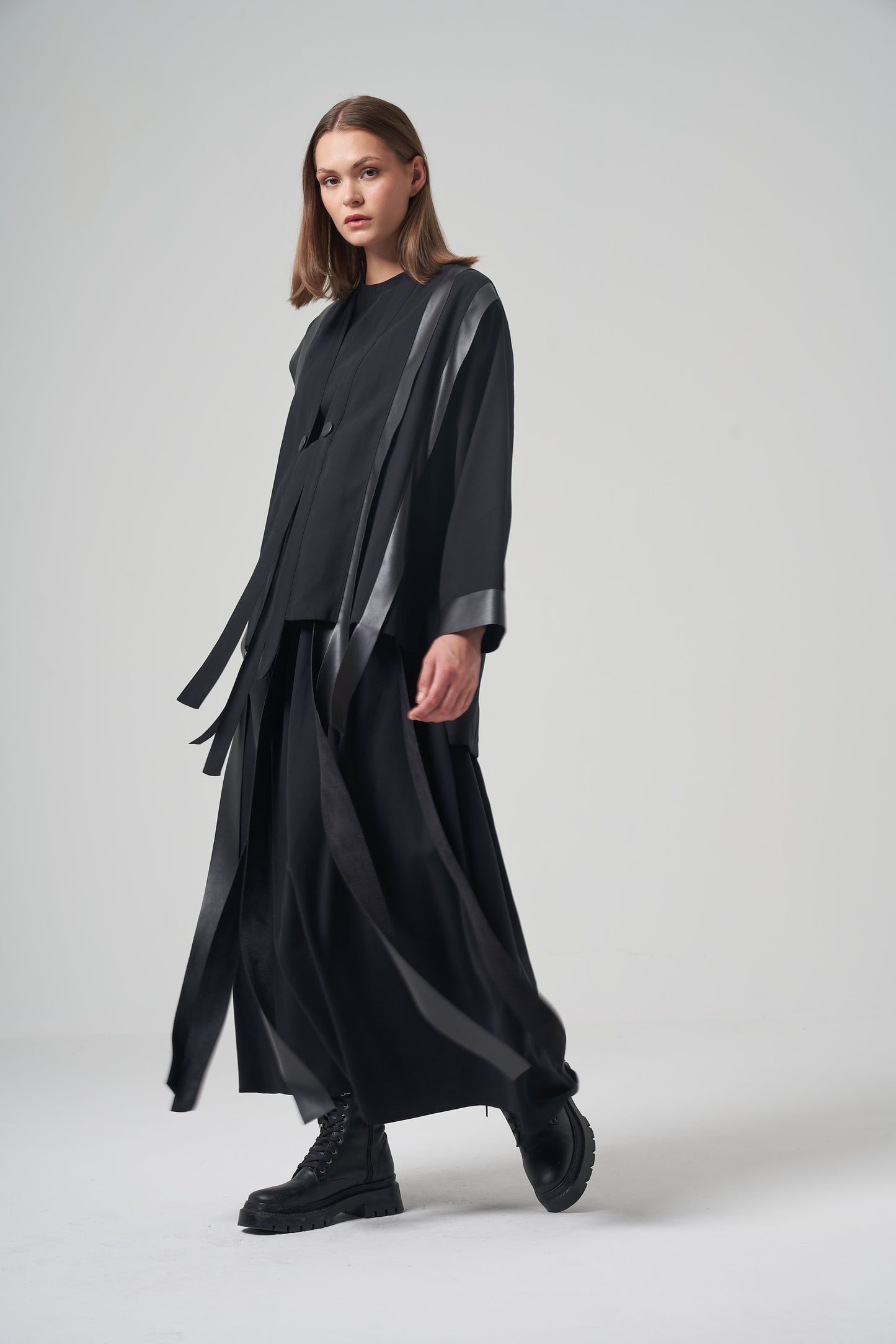 Faux Leather Strip Fringe Shirt Set