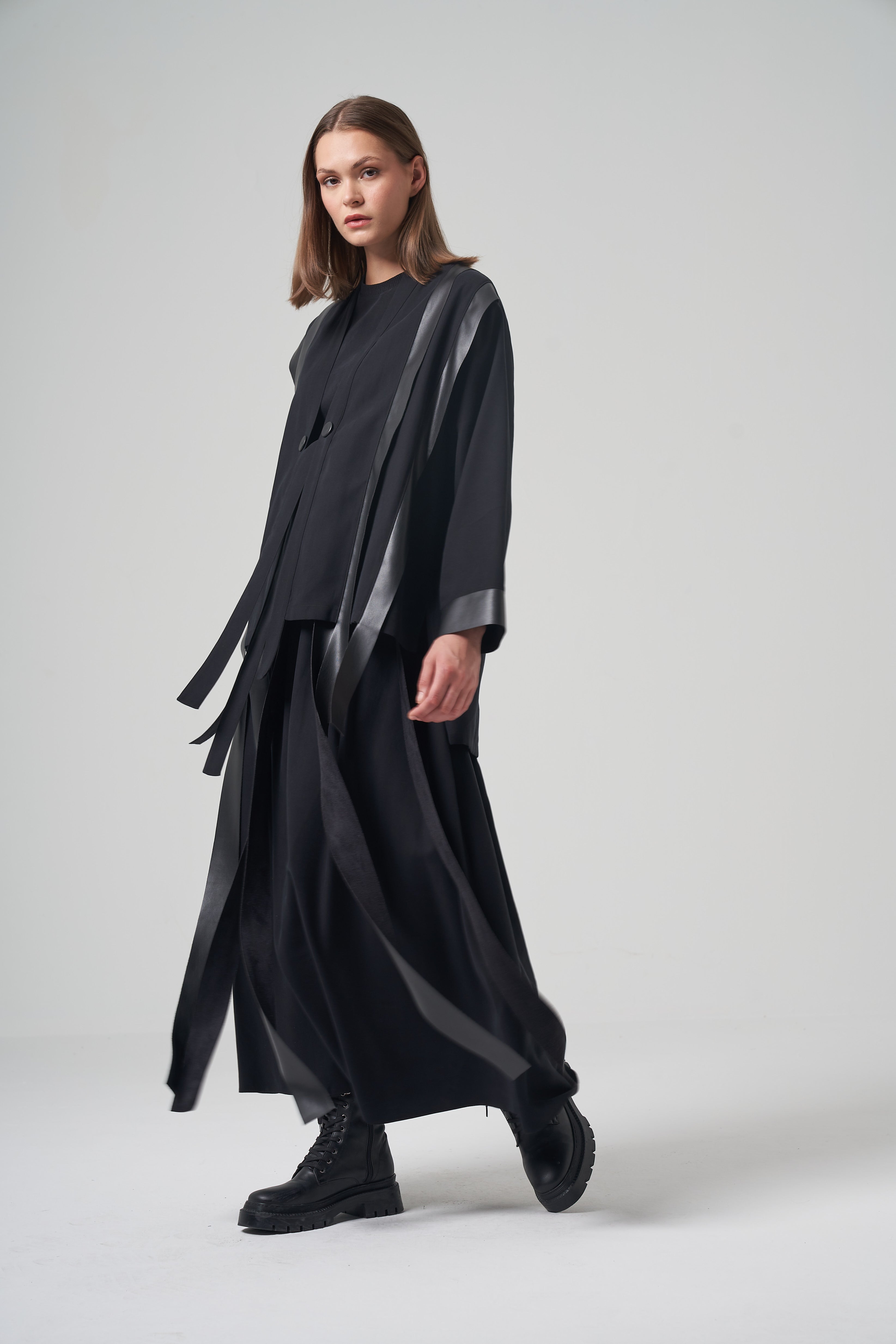 Faux Leather Strip Fringe Shirt Set