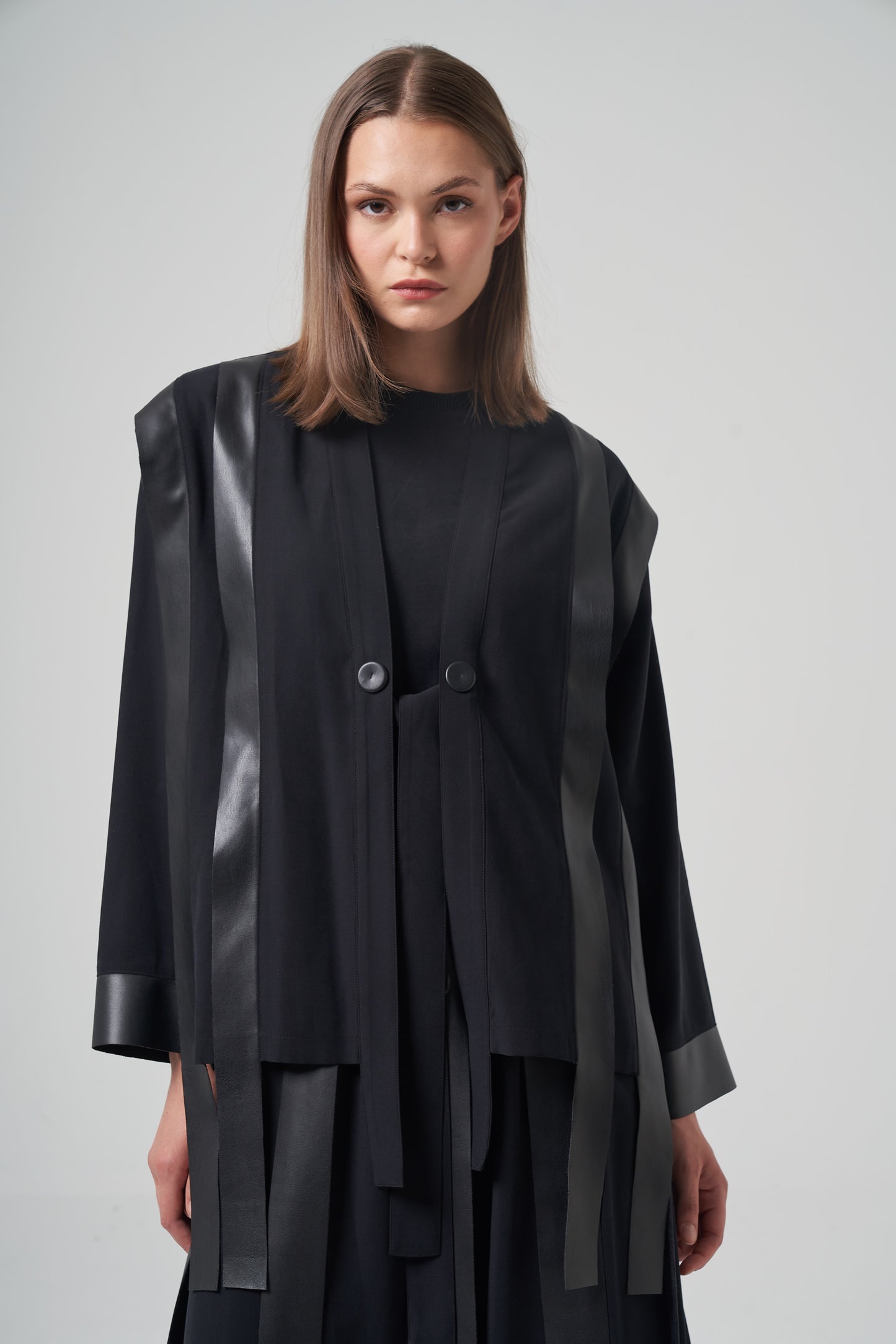 Faux Leather Strip Fringe Shirt Set