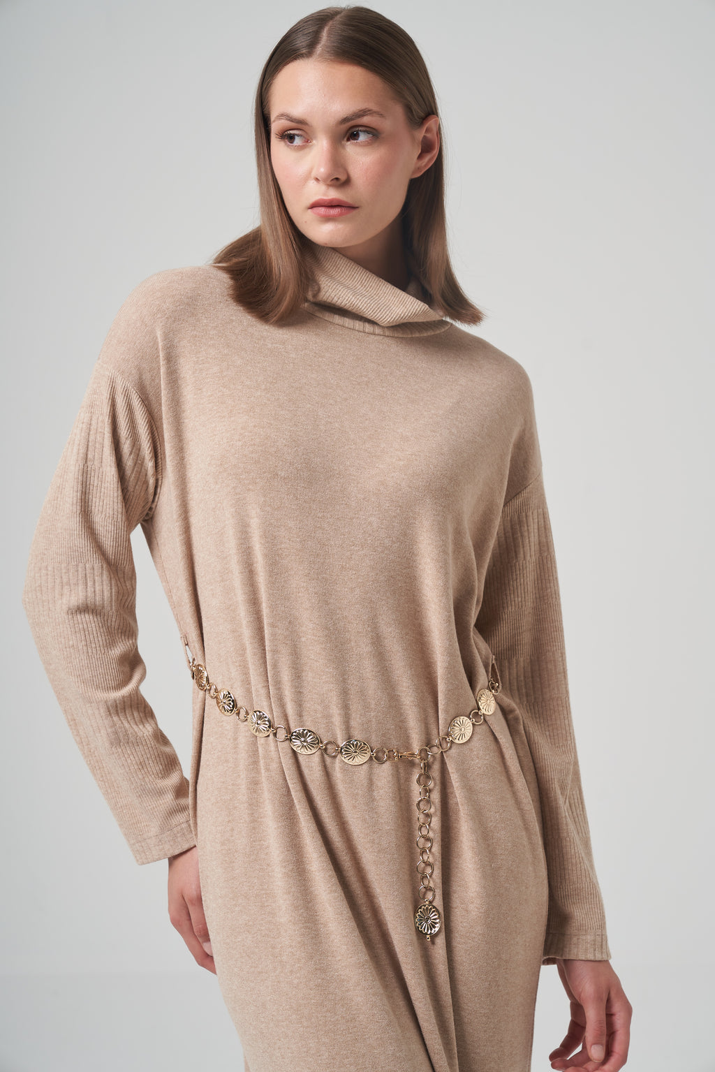 Camel Cowl-Neck Knit Dress