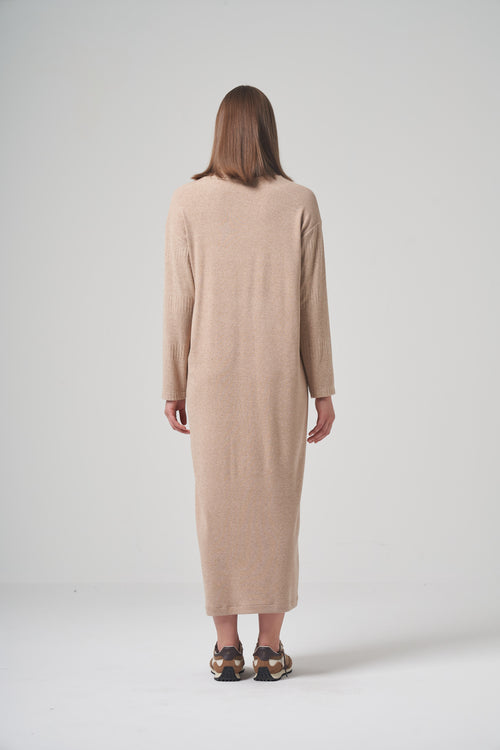 Camel Cowl-Neck Knit Dress
