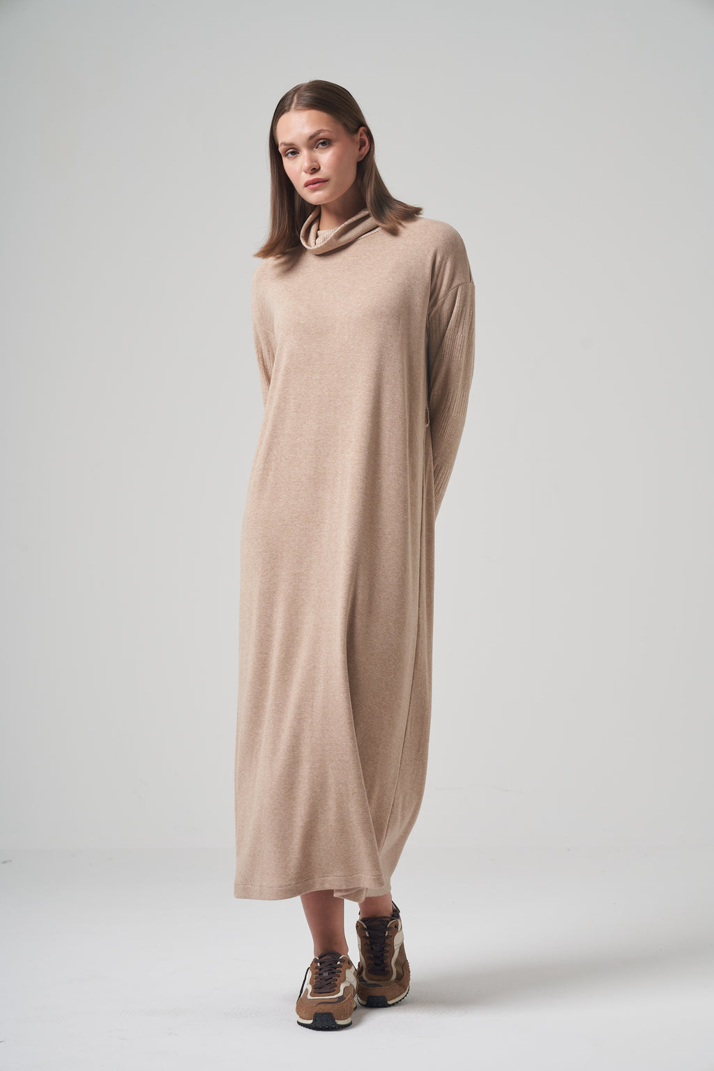 Camel Cowl-Neck Knit Dress