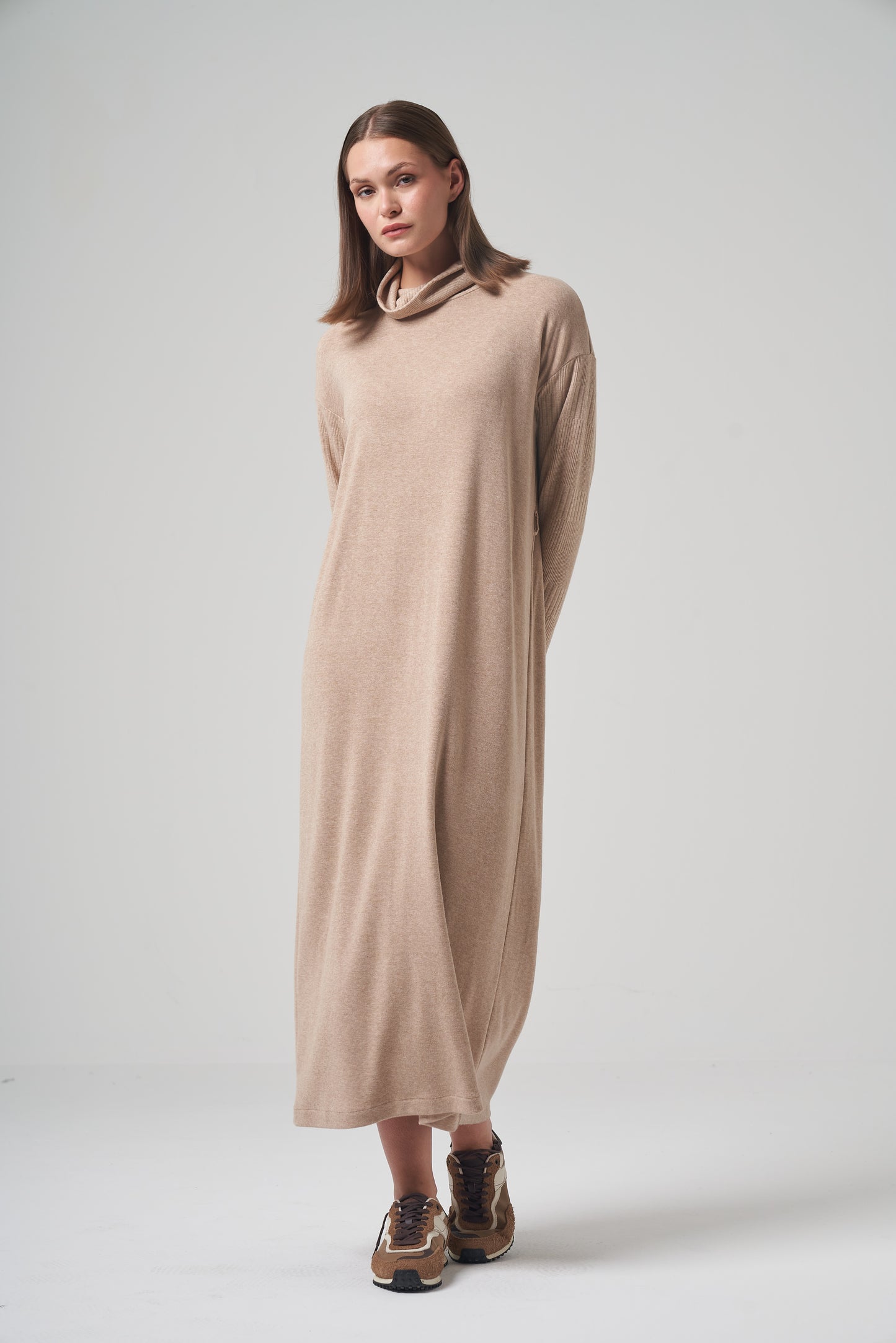 Camel Cowl-Neck Knit Dress