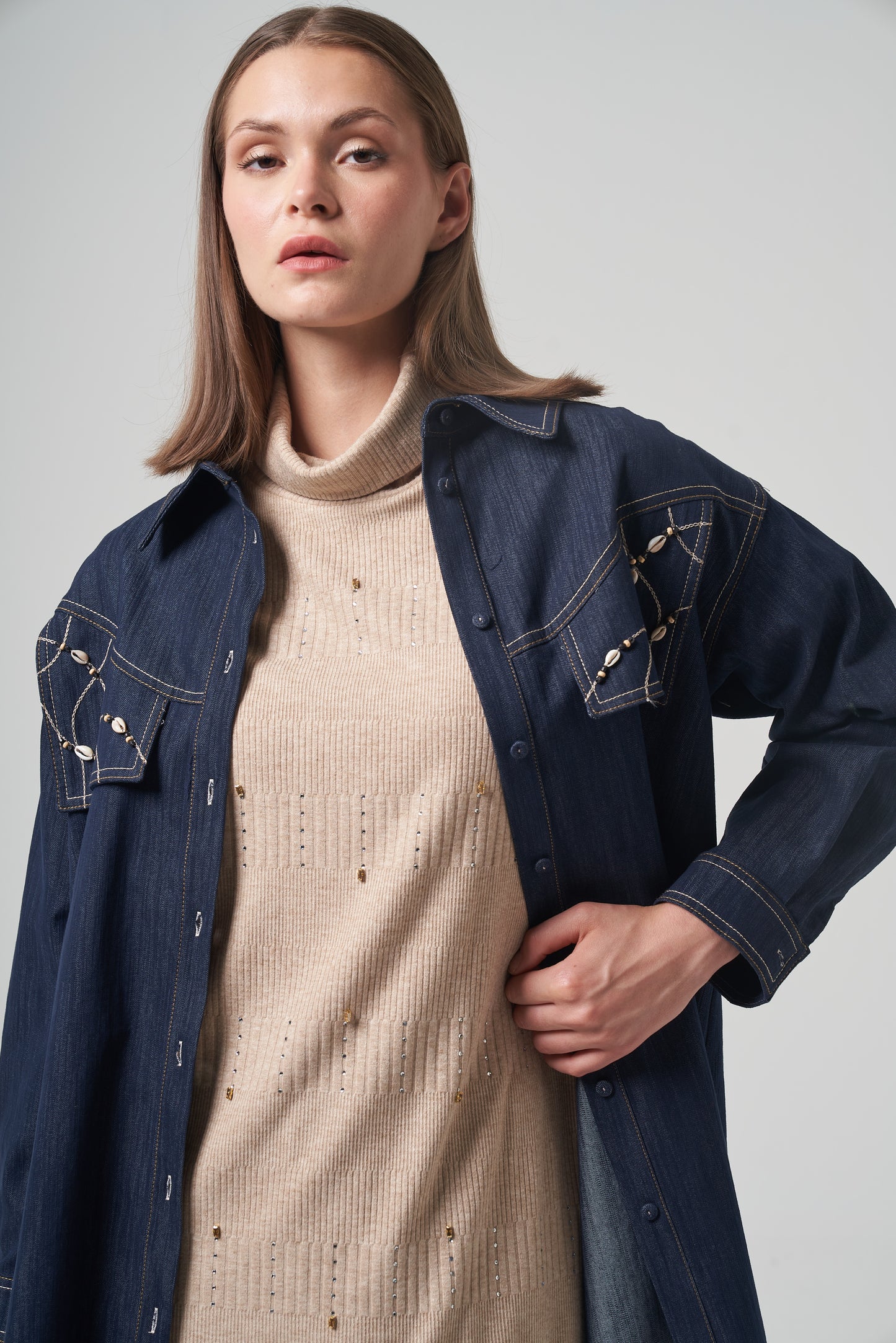 Indigo Shell-Embellished Denim Jacket