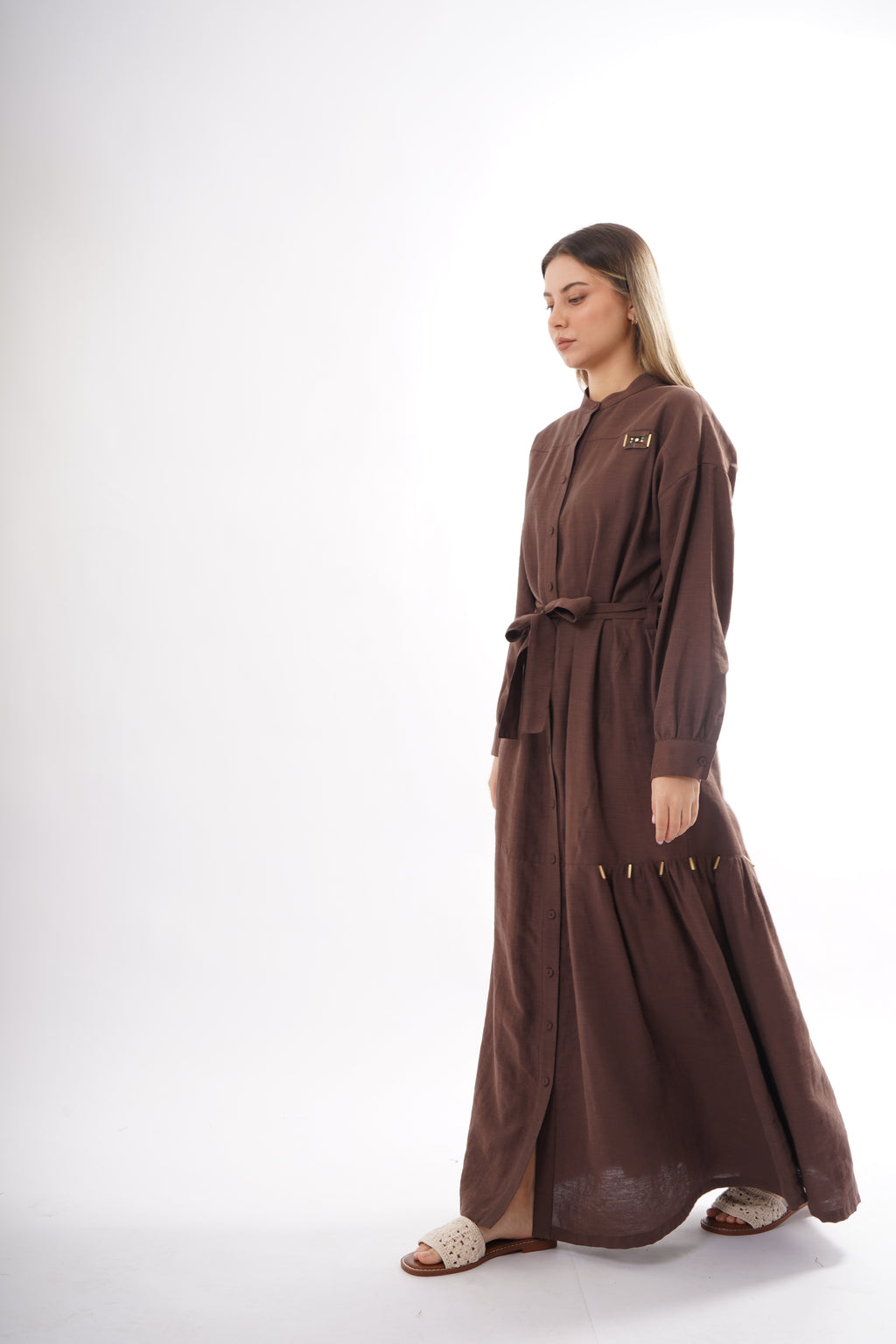 Band Collar Linen Maxi Dress