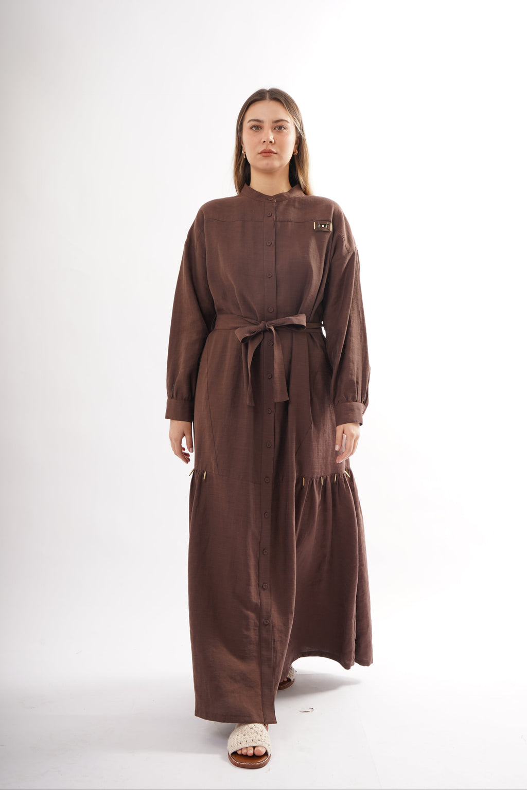 Band Collar Linen Maxi Dress