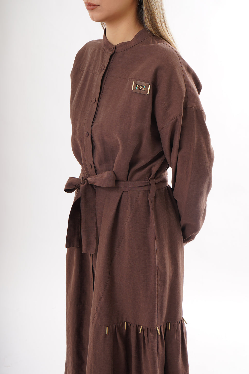 Band Collar Linen Maxi Dress