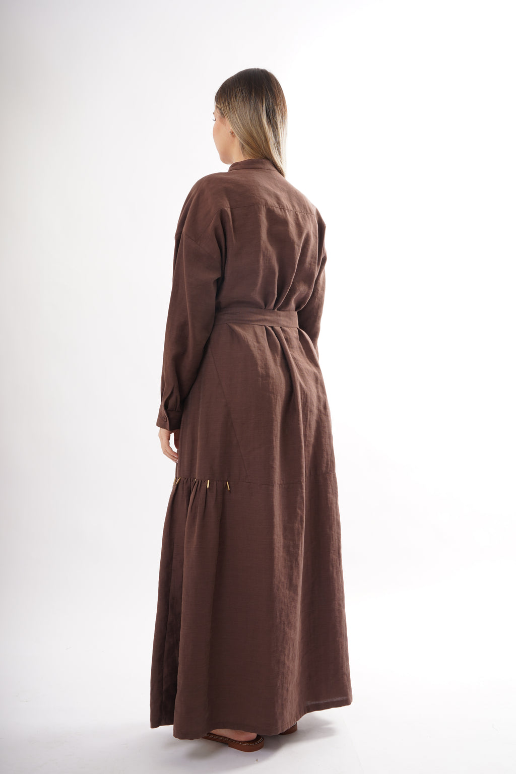 Band Collar Linen Maxi Dress